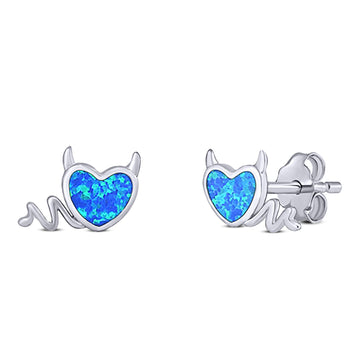 Heart Devil Stud Earring Created Blue Opal Solid 925 Sterling Silver (9.5mm)